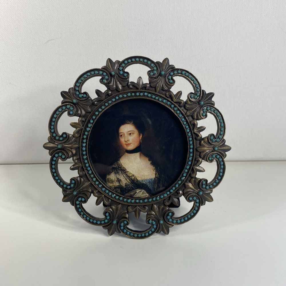 Vtg Dark Academia Victorian Metal Black w/Blue Stones Round Table Picture Frame